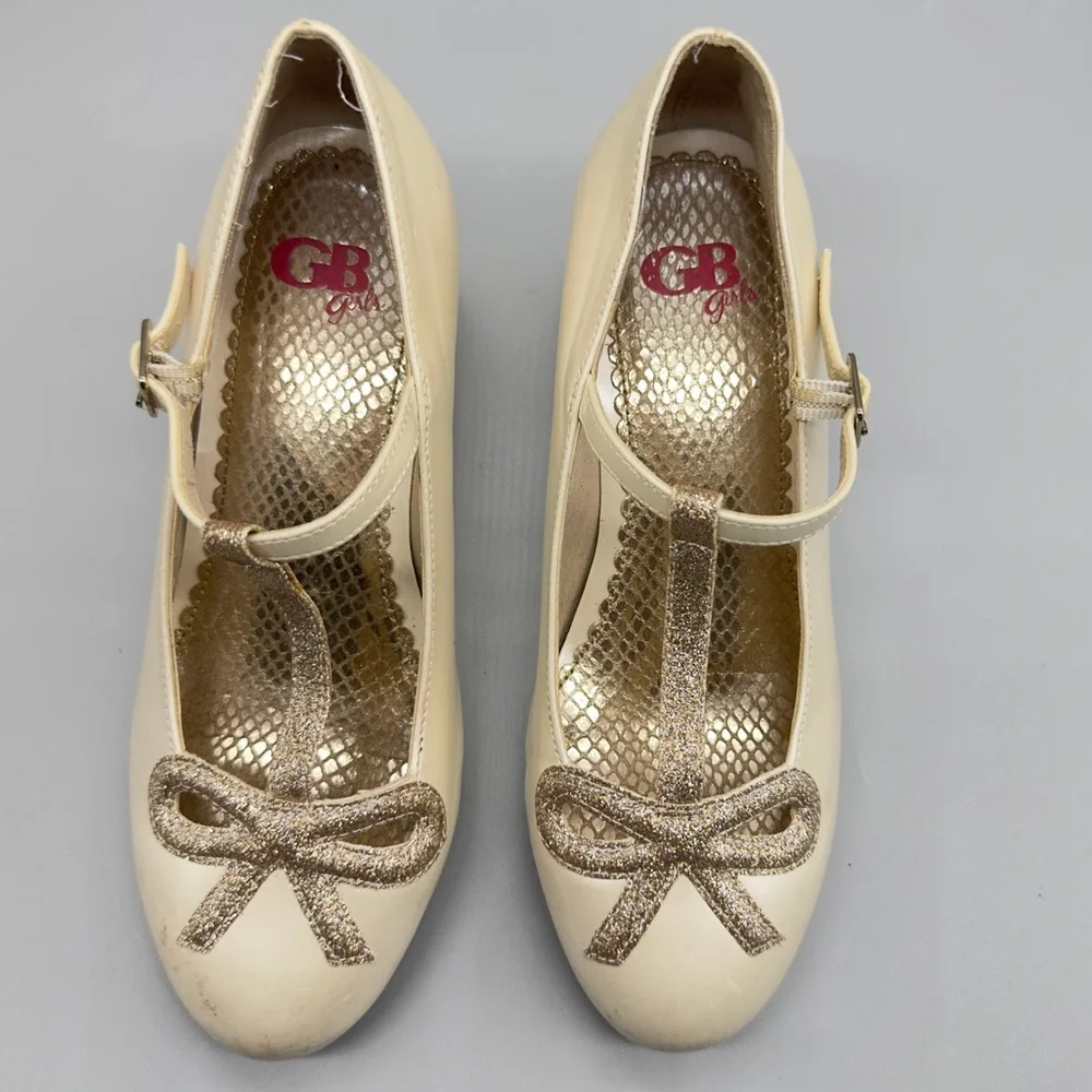 GB Girls Cream Mary Jane Heels Glitter Bow Dress Shoes Size 2M